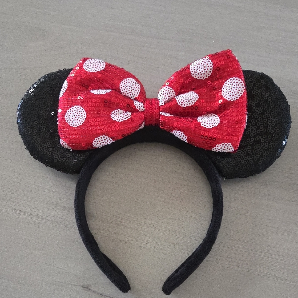 Minnie Mouse Headband Ears Red and Black Polka Dot Sequin Bow